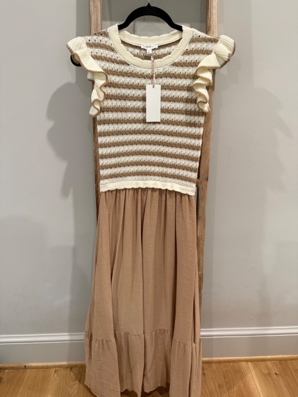 Crochet Tan & Cream Stripe Maxi Dress